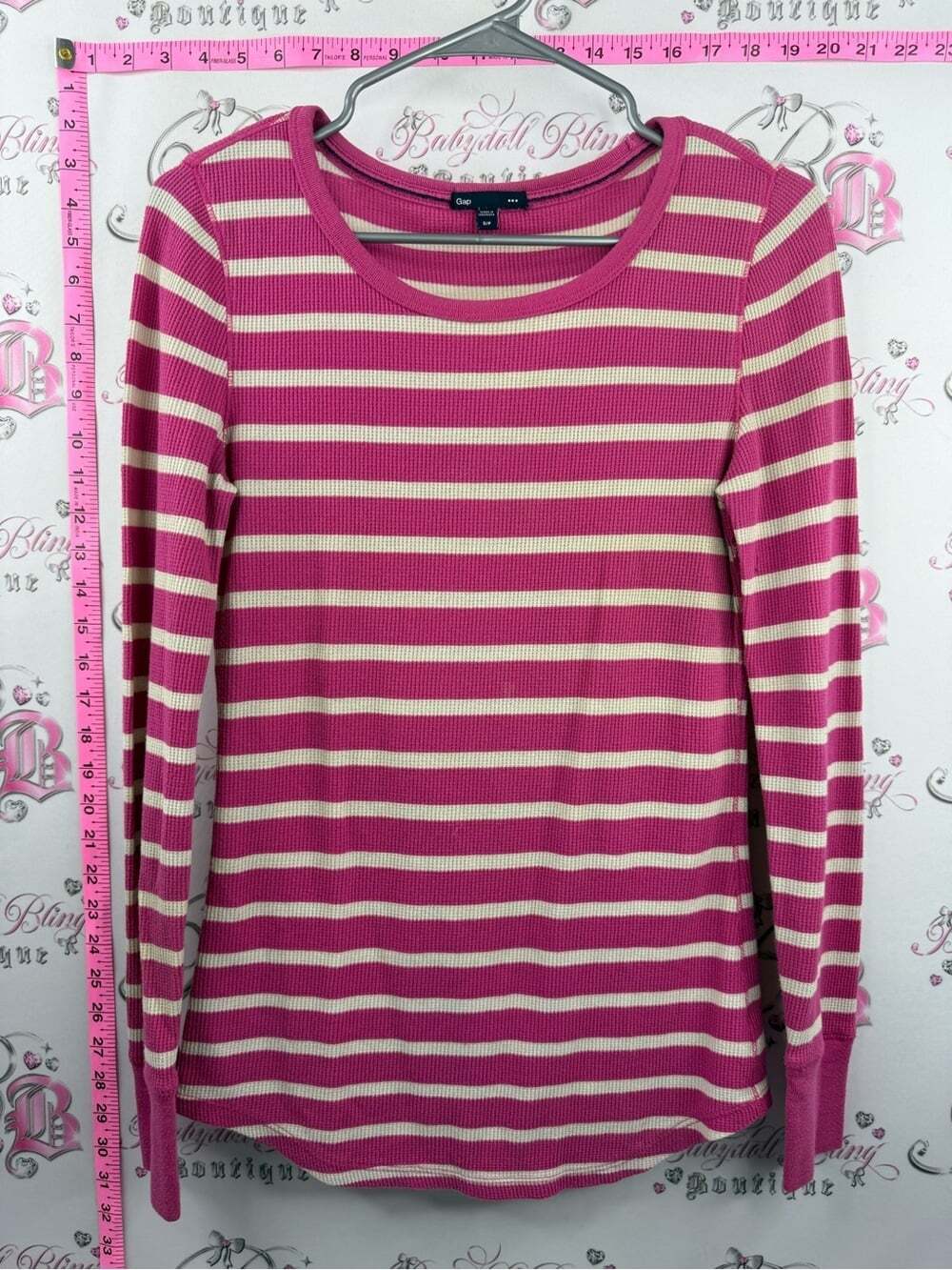 GAP thermal waffle knit Pink and Cream Striped Long Sleeve Ribbed Crewneck Top